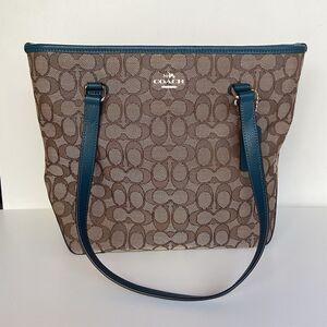 COACH Khaki & Atlantic Blue Outline Signature Canvas Leather Zip Tote Bag
